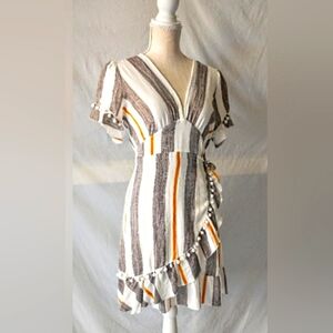 Simplee Apparel Striped Wrap Mini Dress in White, Gray, & Orange